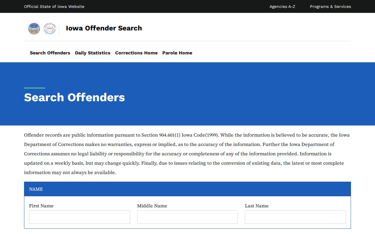 Iowa DOC Clayton County offender record search form